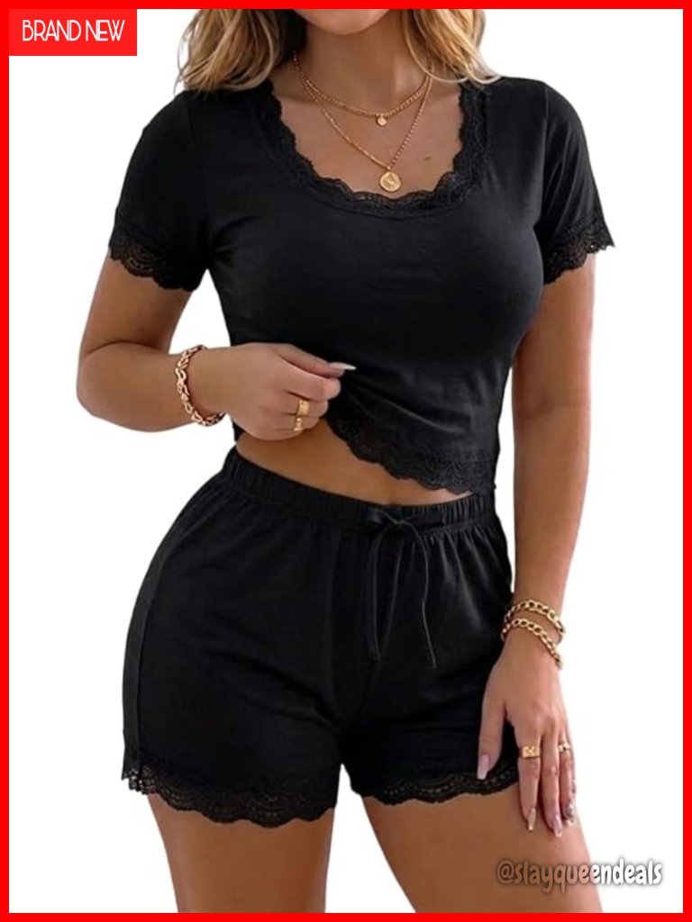 Women's 2-Piece Pajama Set Soft Ribbed Knit Lace Trim Loungewear Short Sleeve